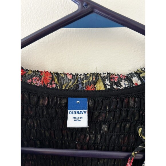 Old Navy Chiffon Shiny Peasant Top Blouse Size M Keyhole Smocked Long Sleeve - Picture 2 of 6